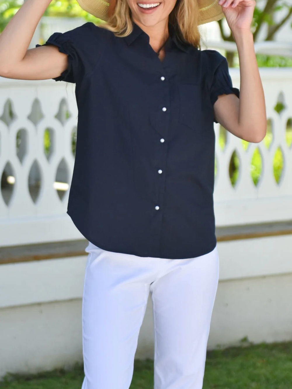 Classic Navy Button-Front Short Sleeve Blouse